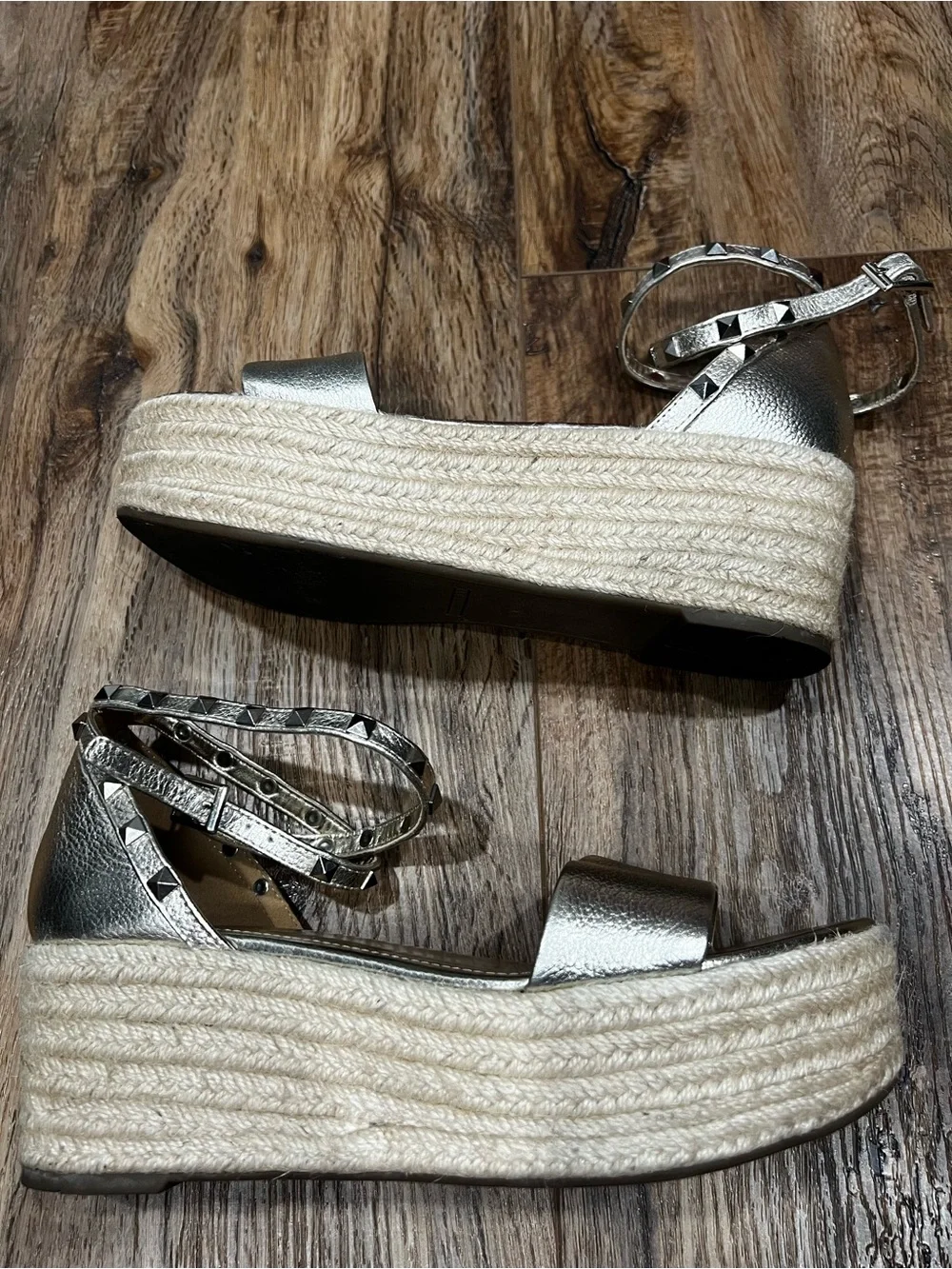 Marc Fisher Silver Espadrille Wedge Sandals with Studded Ankle Straps